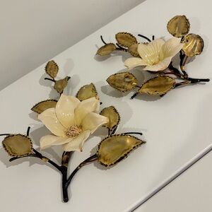 SET OF TWO Torch cut brass leaf ceramic flowers metal wall art Hollywood regeny